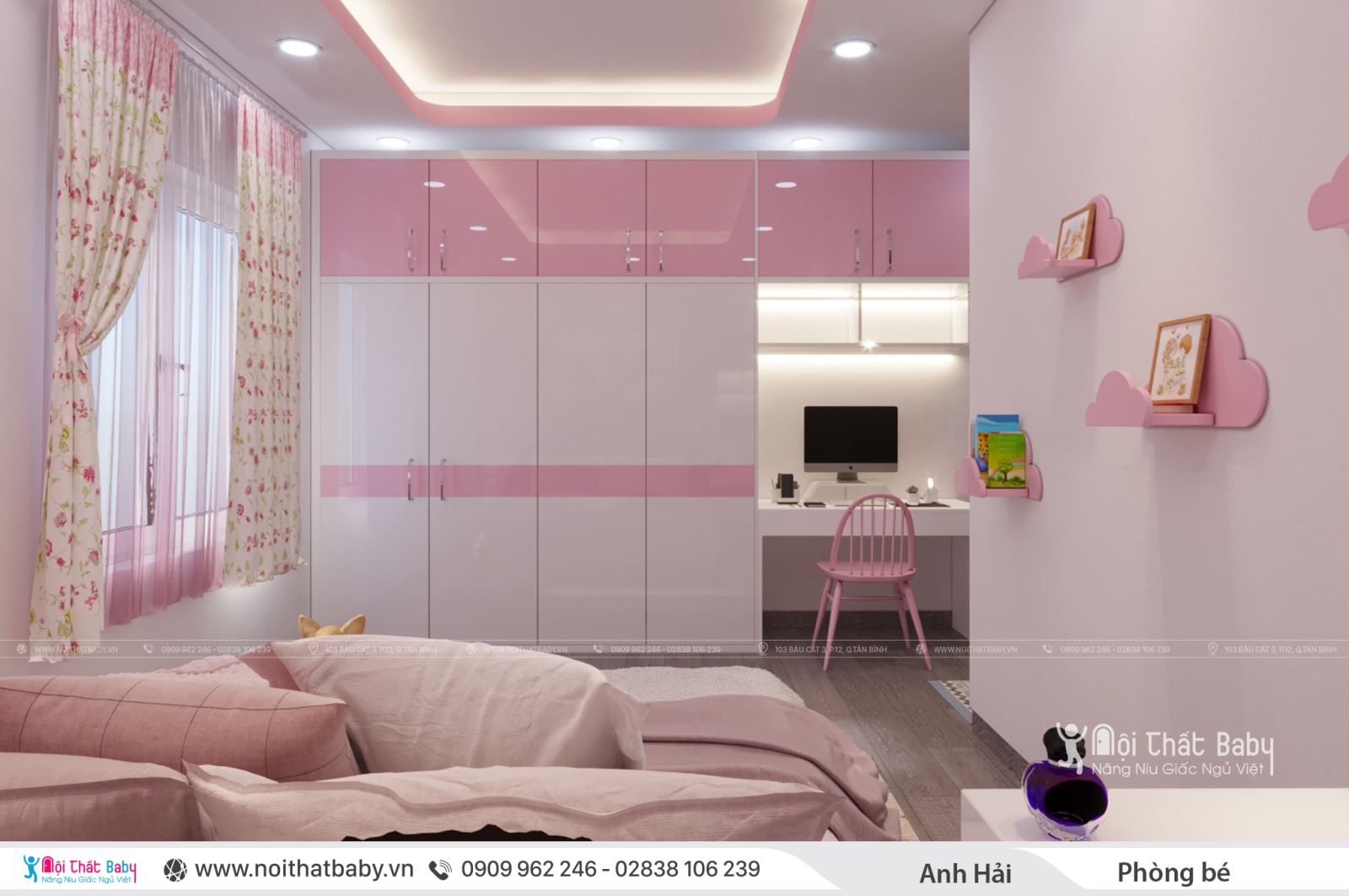 Nội thất phòng ngủ bé gái màu hồng hiện đại